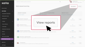 Educator account in Xello open to the Work-based learning page. The cursor is clicking View reports. 